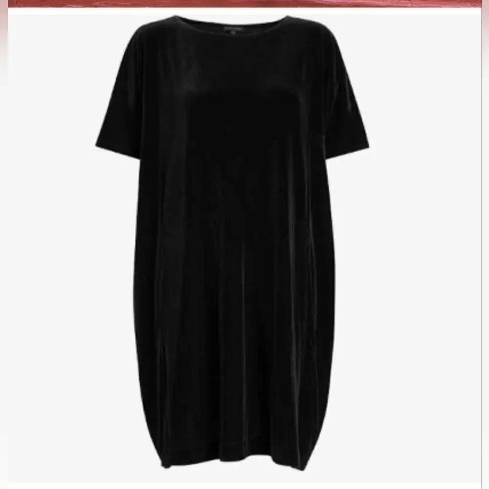 Eileen Fisher Black Stretch Velvet Short Sleeve Shift Dress Women's Size M